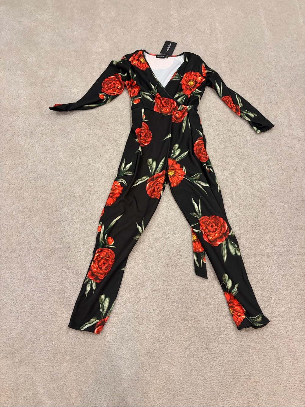 PrettyLittleThing Black Jumpsuit with Red Rose Print